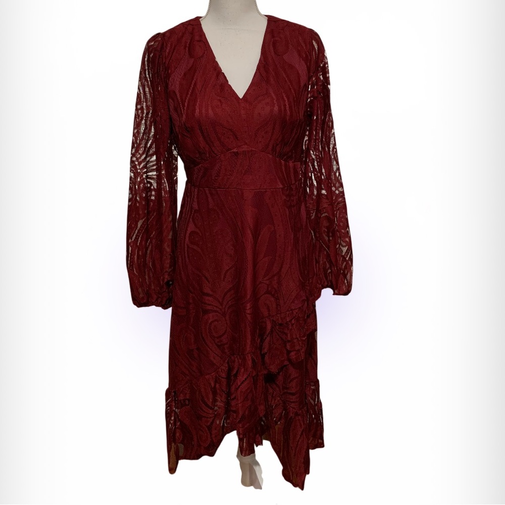 JJs House Wine Red Lace V-Neck Long Sleeve Dress